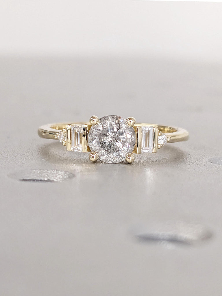 Unique Natural Grey Diamond Engagement Ring | Round cut Salt and Pepper Diamond Promise Ring | Baguette Ring | 14k Thin Gold Rings for Women