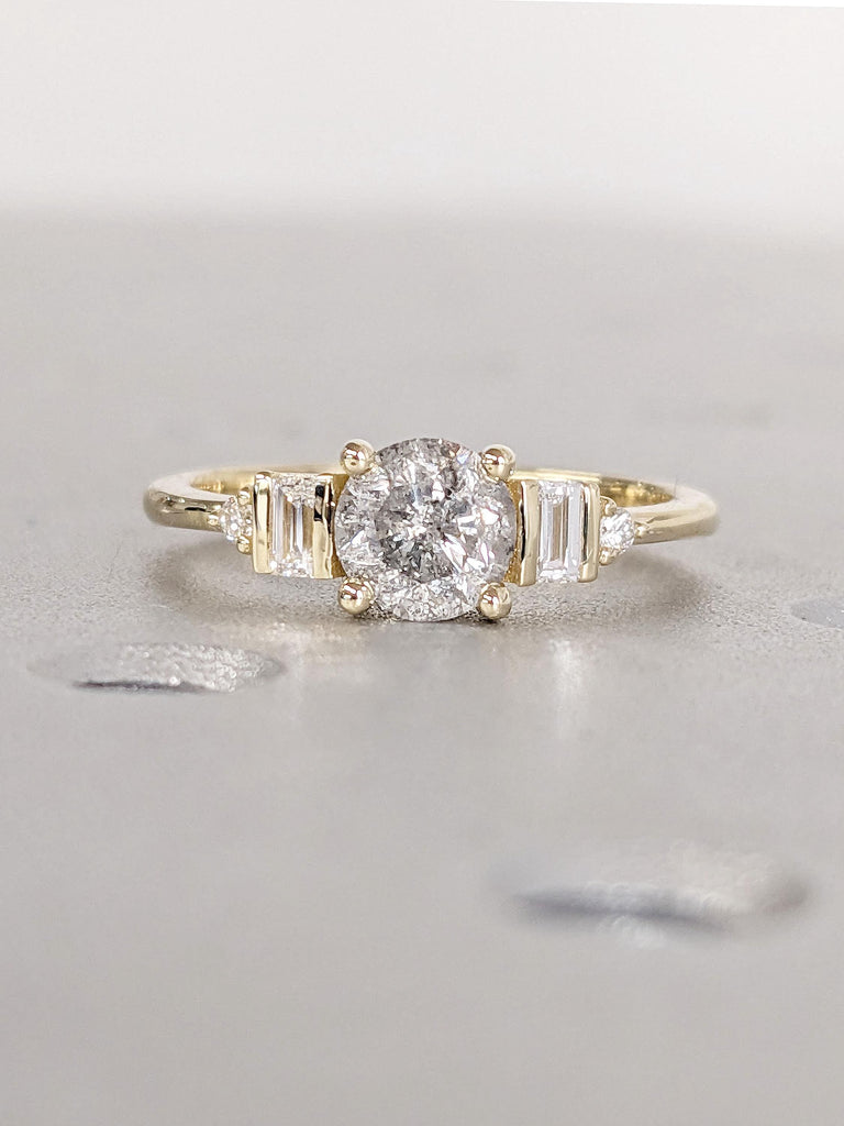 Unique Natural Grey Diamond Engagement Ring | Round cut Salt and Pepper Diamond Promise Ring | Baguette Ring | 14k Thin Gold Rings for Women