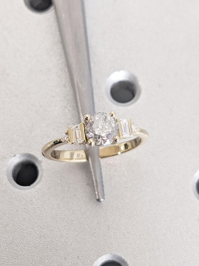 0.75 Carat Diamond Promise Anniversary Ring for Wife | Salt and Pepper Grey Diamond Ring | Art Deco Ring | 14k Yellow Gold Engagement Ring