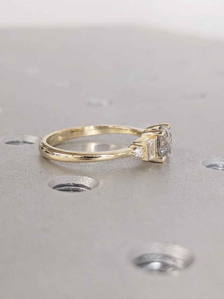 Unique Natural Grey Diamond Engagement Ring | Round cut Salt and Pepper Diamond Promise Ring | Baguette Ring | 14k Thin Gold Rings for Women
