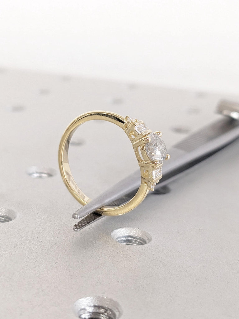 Unique Natural Grey Diamond Engagement Ring | Round cut Salt and Pepper Diamond Promise Ring | Baguette Ring | 14k Thin Gold Rings for Women