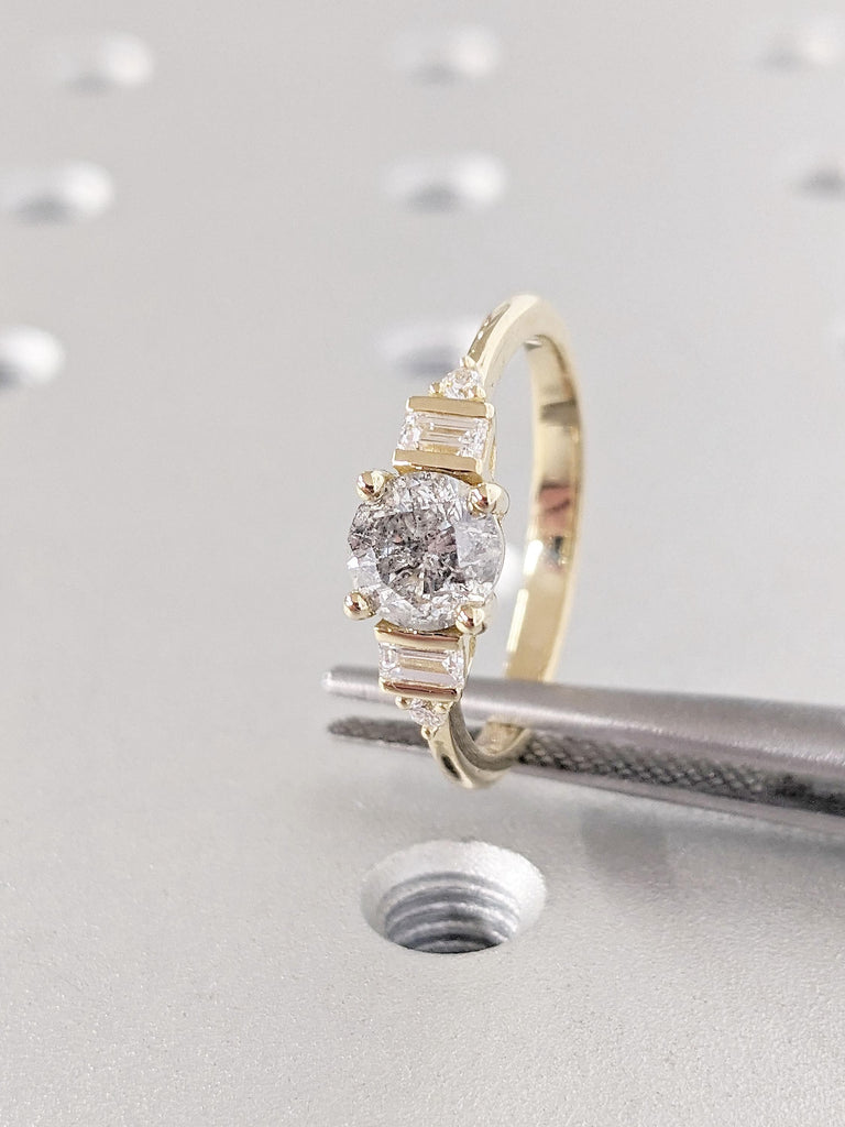 14k Yellow Gold Diamond Engagement Ring for Women | 1ct Salt and Pepper Diamond Promise Ring | Delicate Engagement Ring