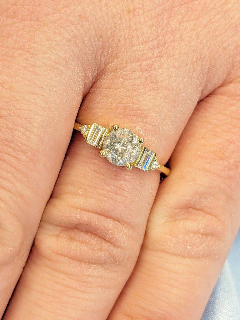 Unique Natural Grey Diamond Engagement Ring | Round cut Salt and Pepper Diamond Promise Ring | Baguette Ring | 14k Thin Gold Rings for Women