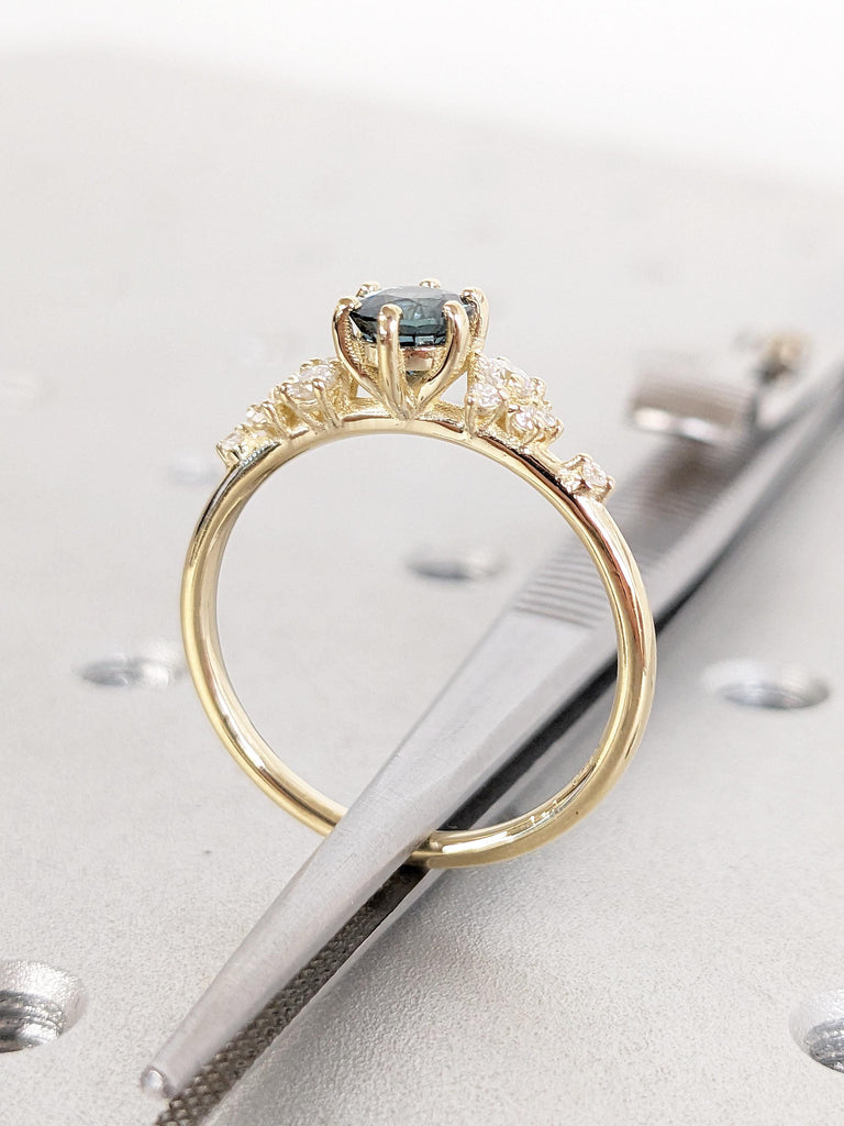 Vintage Round Cut Teal Sapphire Ring, 14K Yellow Gold Snowdrift Diamond Cluster Ring, Blue Green Sapphire Anniversary Rings, Gift for Wife