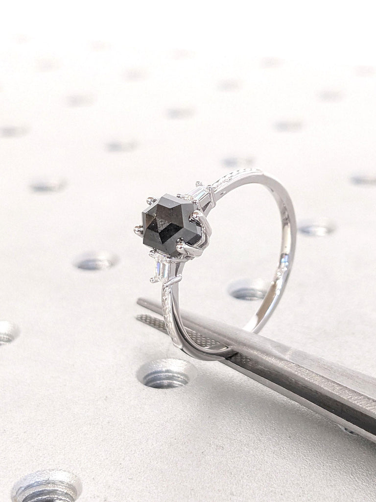 Vintage Salt and Pepper Diamond Engagement Ring | Hexagon cut Diamond Ring | 14K Gold Ring Unique Women Promise Ring For Her | Handmade Gift