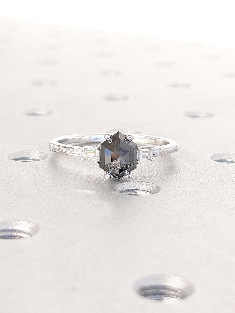 Hexagon Cut Engagement Ring | 1.5 Carat Natural Black Diamond Stone Ring | White Gold Promise Ring | Hexagon Cut Diamond Solitaire Ring Gift For Her