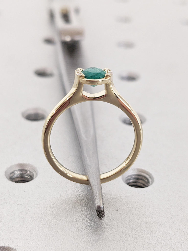 Natural Emerald Ring, Dainty 14k Solid Gold Wedding Ring, Bezel Set Ring with Diamond or Moissanite, Anniversary Ring, Green Gemstone Ring