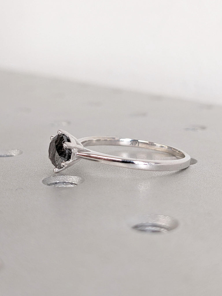 Natural Black Diamond Solitaire Engagement Ring | Round cut Salt and Pepper Galaxy Diamond | 14k White Gold Rings for Women | Promise Ring