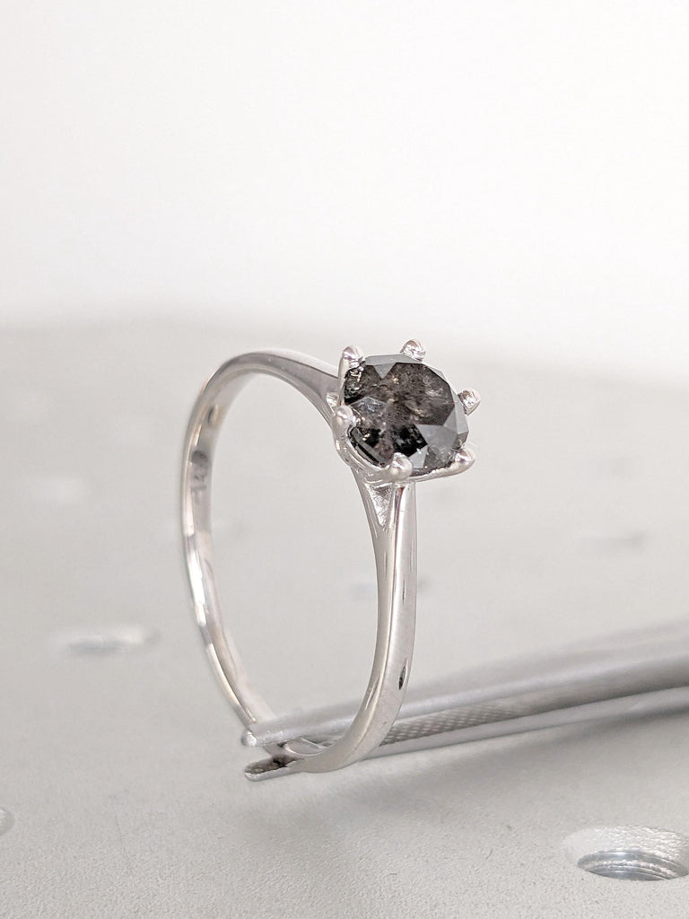 Round cut Salt and Pepper Diamond Solitaire Promise Ring | 14k White Gold Grey Diamond Engagement Ring | Women Wedding Ring