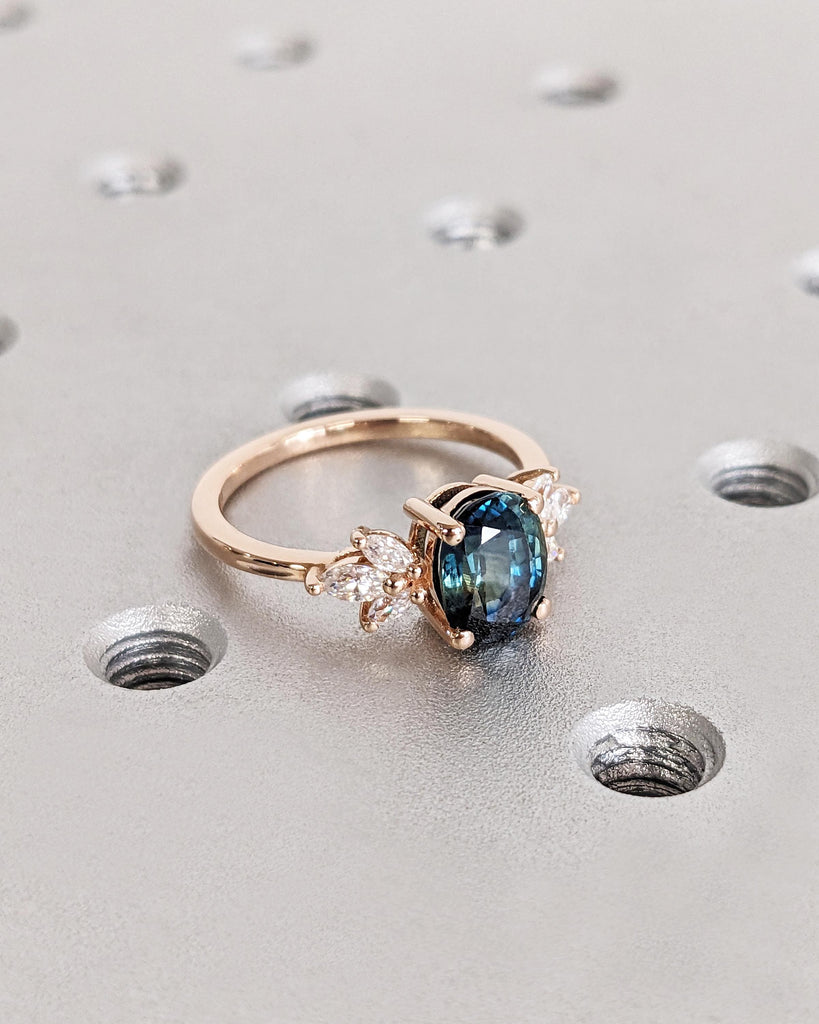 Greenish Sapphire Anniversary Ring | Floral Engagement 14k Rose Gold | Promise Ring | Marquise Diamond Cluster Ring | Teal Sapphire Ring