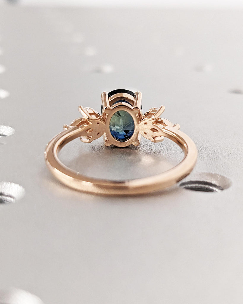 Greenish Sapphire Anniversary Ring | Floral Engagement 14k Rose Gold | Promise Ring | Marquise Diamond Cluster Ring | Teal Sapphire Ring