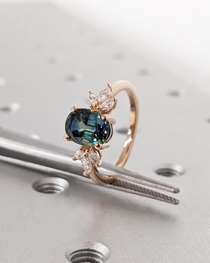 1.5ct Natural Teal Sapphire Proposal Ring | Oval Engagement Ring | 14k 18k Rose Gold Rings for Women
