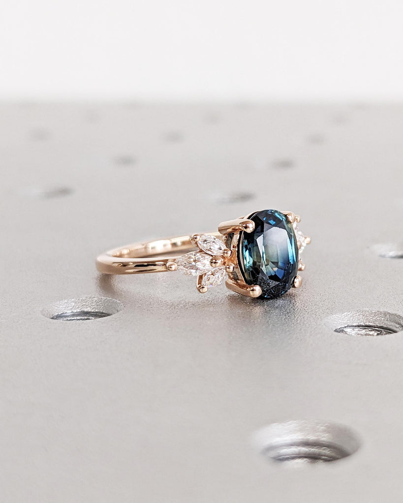 Greenish Sapphire Anniversary Ring | Floral Engagement 14k Rose Gold | Promise Ring | Marquise Diamond Cluster Ring | Teal Sapphire Ring