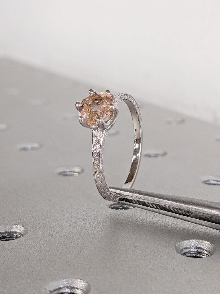 Unique 14k White Gold Wedding Ring, Round Cut Lab Morganite Ring, Filigree Peach Morganite Ring, Solitaire Anniversary Ring, Gift for Women