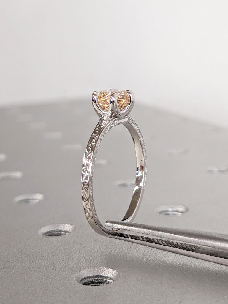 Unique 14k White Gold Wedding Ring, Round Cut Lab Morganite Ring, Filigree Peach Morganite Ring, Solitaire Anniversary Ring, Gift for Women