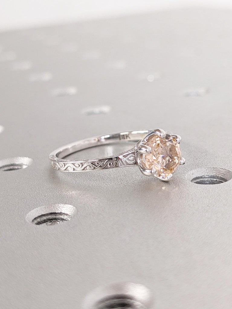 Unique 14k White Gold Wedding Ring, Round Cut Lab Morganite Ring, Filigree Peach Morganite Ring, Solitaire Anniversary Ring, Gift for Women