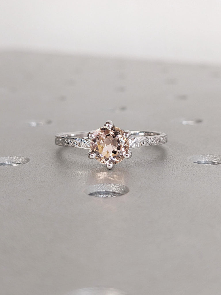 Round Lab Morganite Ring, Filigree 14k White Gold Engagement Rings for Women, Solitaire Peach Morganite Promise Ring for Her, Gift for Wife