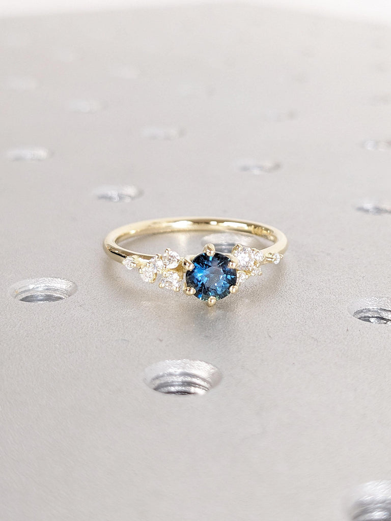 Vintage Round Cut Teal Sapphire Ring, 14K Yellow Gold Snowdrift Diamond Cluster Ring, Blue Green Sapphire Anniversary Rings, Gift for Wife