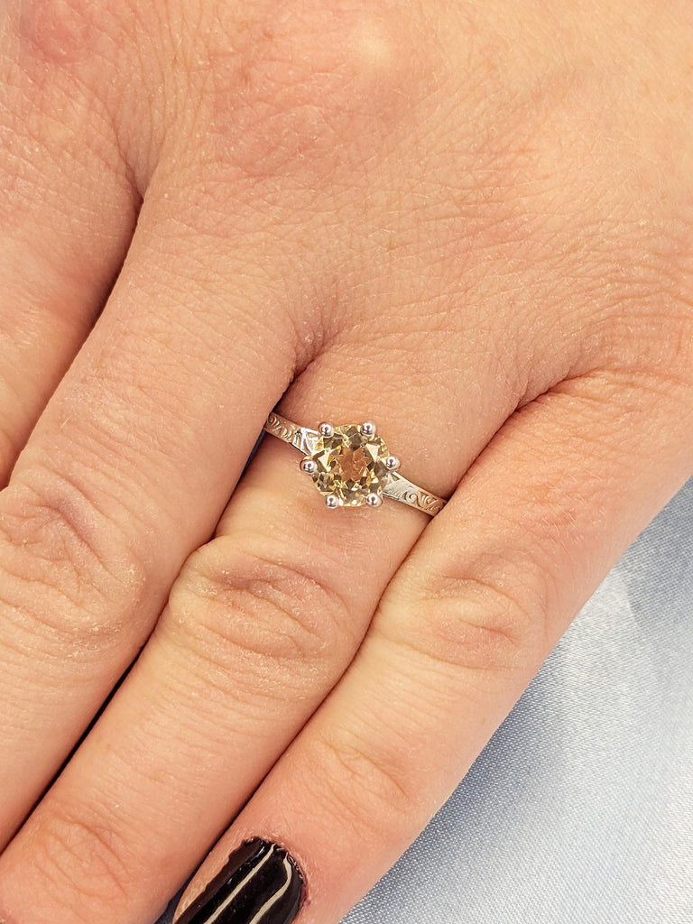 Unique 14k White Gold Wedding Ring, Round Cut Lab Morganite Ring, Filigree Peach Morganite Ring, Solitaire Anniversary Ring, Gift for Women