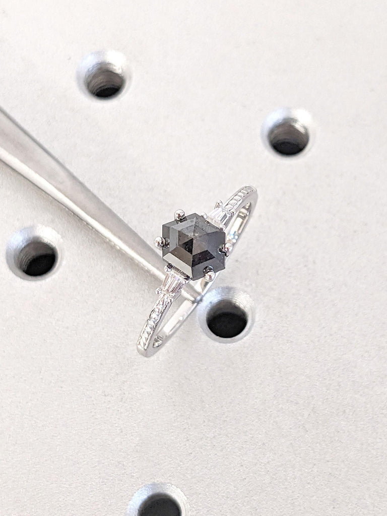 Solitaire Hexagon Engagement Ring, 1.5 CT Natural Salt and Pepper Grey Diamond Wedding Ring, Anniversary Gift, Ring for Women, Hexagon Cut Diamond Ring