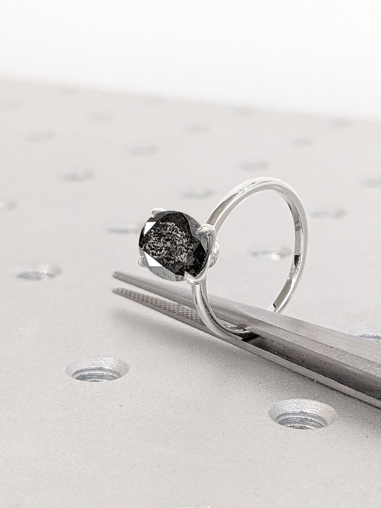 2 Carat Natural Black Diamond Solitaire Engagement Ring | Thin Engagement Ring | 14k White Gold Diamond Ring
