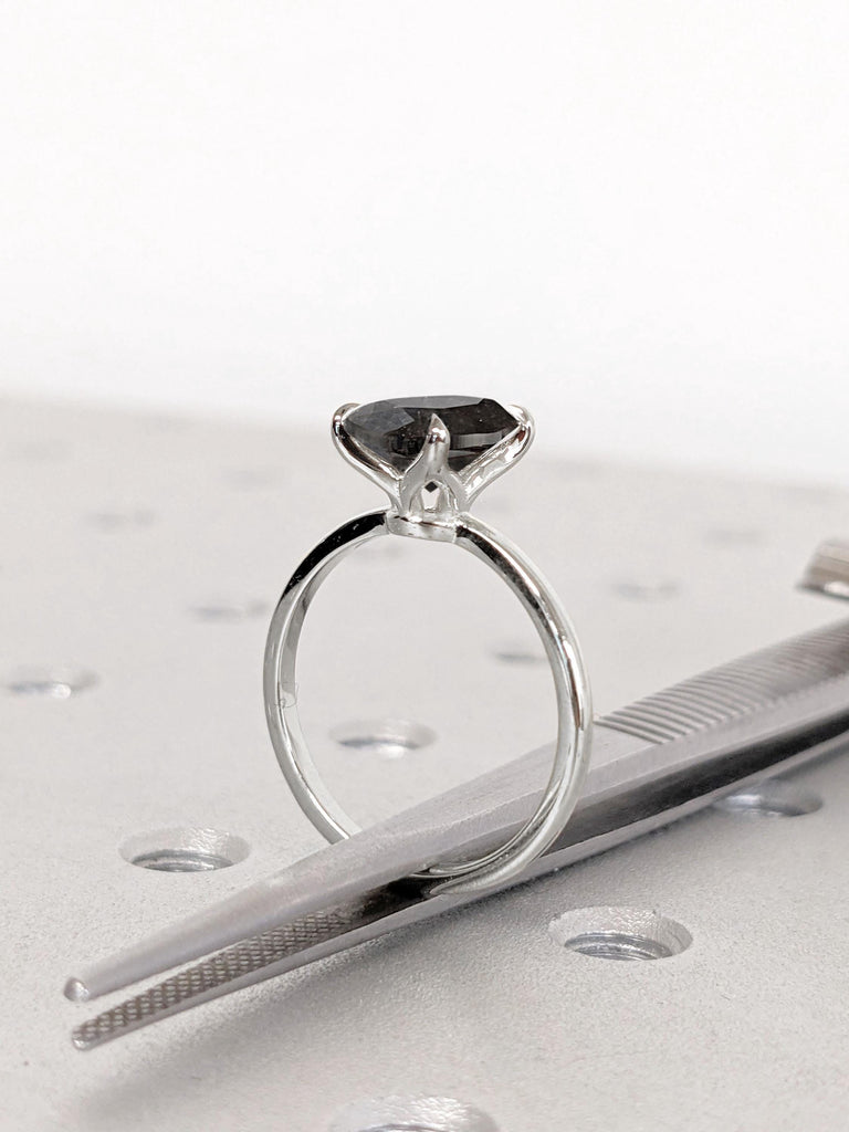 Natural Black Diamond Solitaire Oval Engagement Ring | Thin Engagement Ring | White Gold Salt and Pepper Diamond Ring | Women Wedding Ring