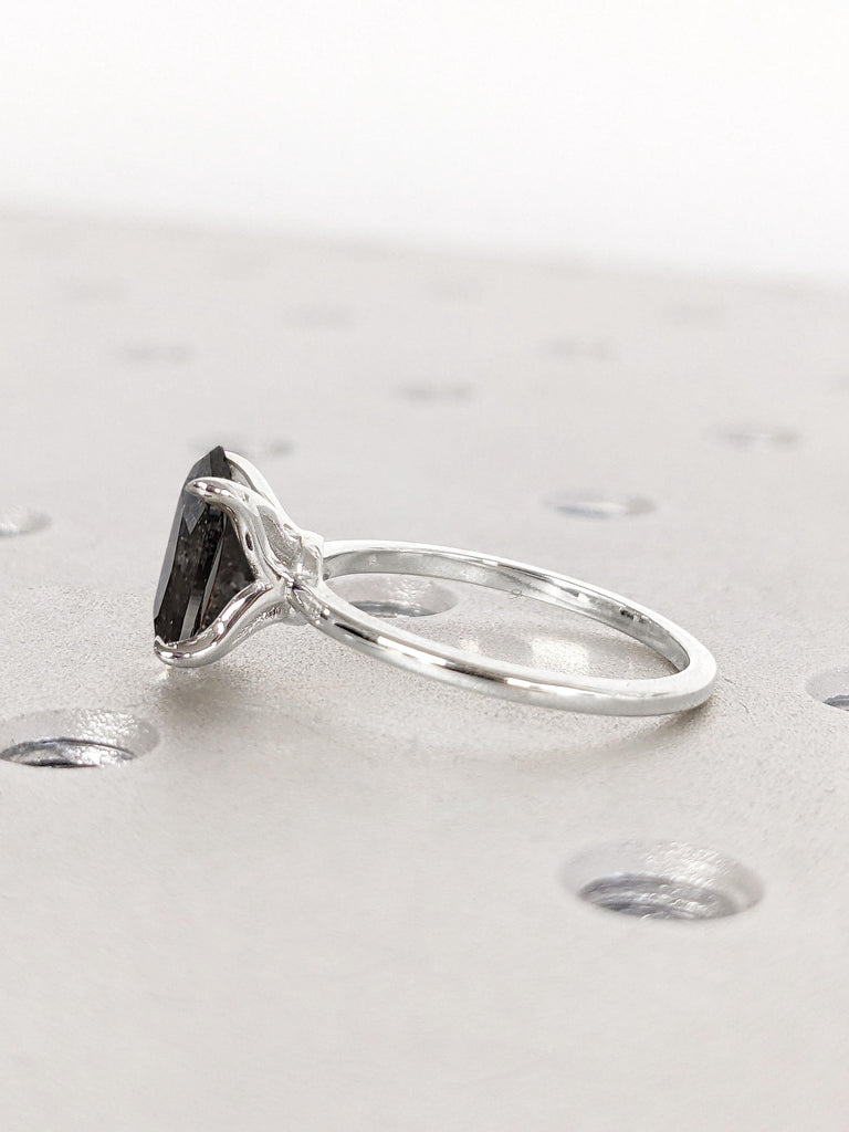 Natural Black Diamond Solitaire Oval Engagement Ring | Thin Engagement Ring | White Gold Salt and Pepper Diamond Ring | Women Wedding Ring