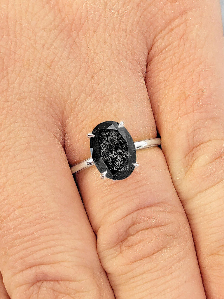 Natural Black Diamond Solitaire Oval Engagement Ring | Thin Engagement Ring | White Gold Salt and Pepper Diamond Ring | Women Wedding Ring