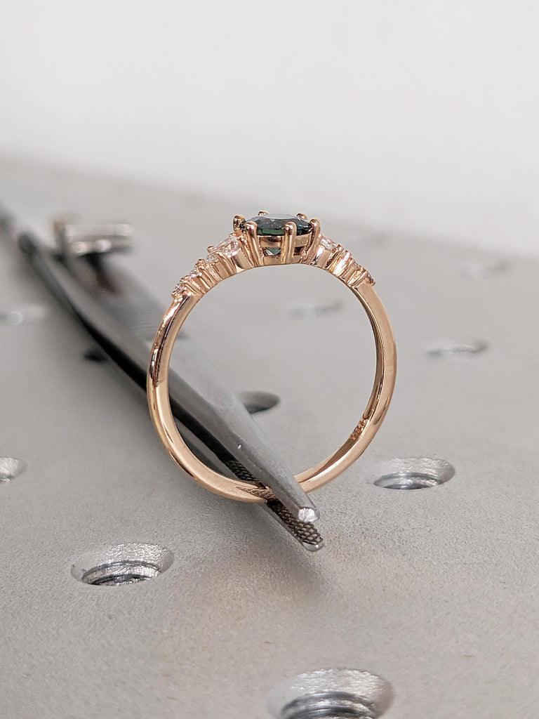 Blue Green Sapphire Ring, Promise Ring for Her, 18k Rose Gold Engagement Ring, Moissanite, Diamond Cluster Ring, Anniversary Gift for Women