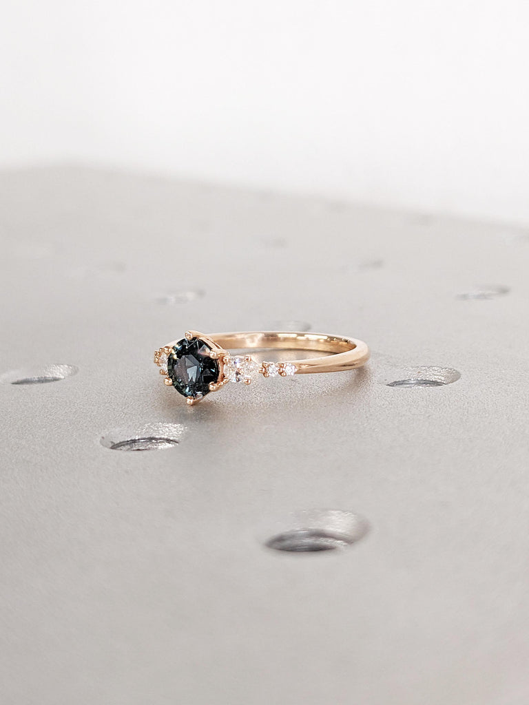 Blue Green Sapphire Ring, Promise Ring for Her, 18k Rose Gold Engagement Ring, Moissanite, Diamond Cluster Ring, Anniversary Gift for Women
