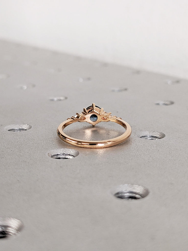 Blue Green Sapphire Ring, Promise Ring for Her, 18k Rose Gold Engagement Ring, Moissanite, Diamond Cluster Ring, Anniversary Gift for Women