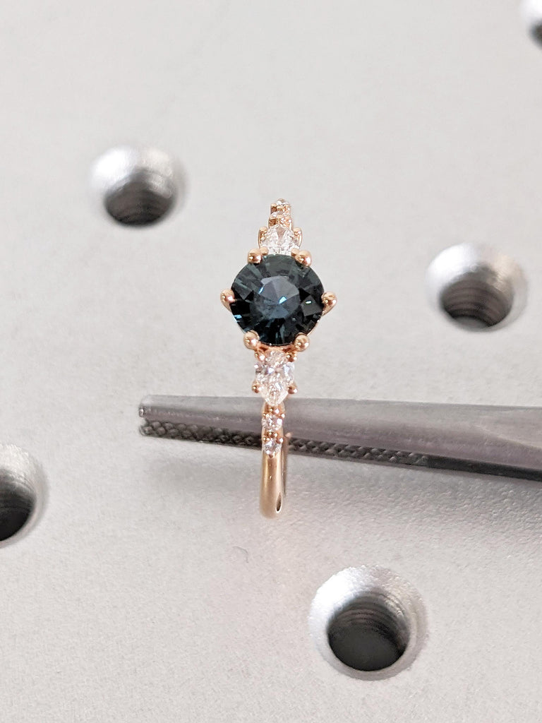 Blue Green Sapphire Ring, Promise Ring for Her, 18k Rose Gold Engagement Ring, Moissanite, Diamond Cluster Ring, Anniversary Gift for Women