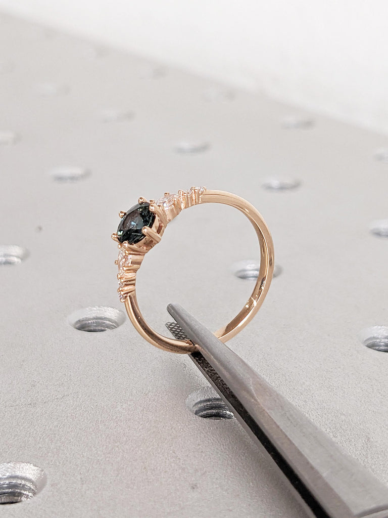 Blue Green Sapphire Ring, Promise Ring for Her, 18k Rose Gold Engagement Ring, Moissanite, Diamond Cluster Ring, Anniversary Gift for Women