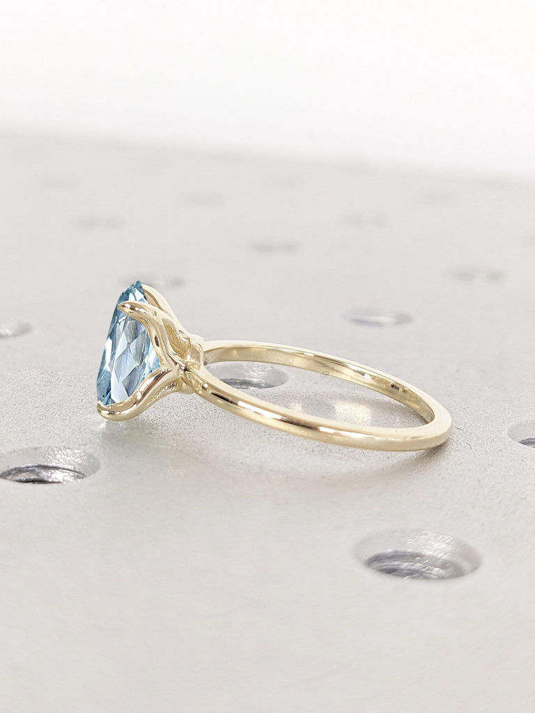 Oval Lab Aquamarine Solitaire Ring | Solid 14k 18k Gold Engagement Band | Women Proposal Ring | Dainty Minimalist Classsic Yellow Rose White