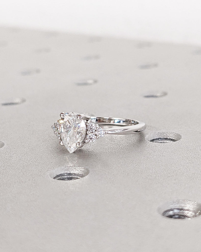 Vintage Pear Moissanite Engagement Ring, Unique Art Deco Diamond Cluster Ring, White Gold Engagement Ring for Women Wedding Anniversary Ring