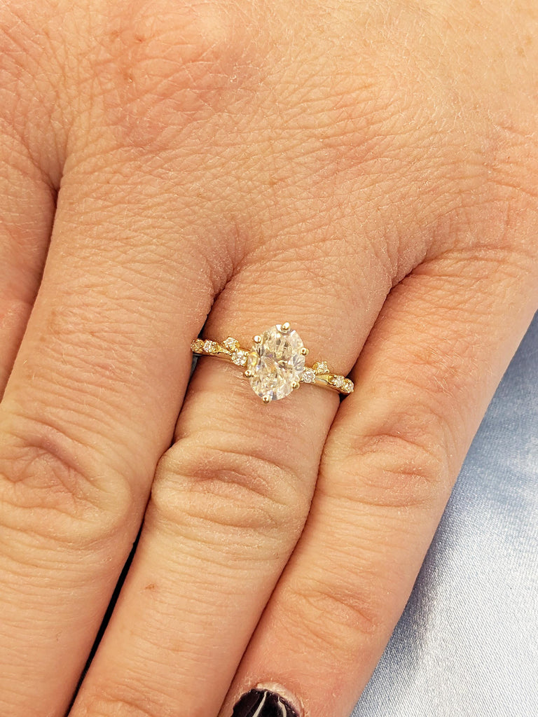 0.5-4ct Oval Cut Moissanite Ring, Dainty 14k Yellow Gold Wedding Ring, Art Deco Moissanite Engagement Ring, Unique Anniversary Gift for Wife