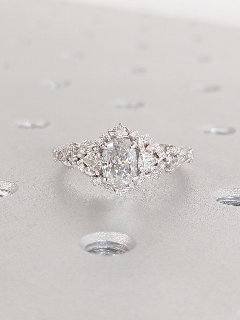 1 Carat Oval cut Moissanite and Diamond Engagement Ring | 14k White Gold Moissanite Cluster Ring | Art Deco Ring | Rustic Leaf and Twigs Ring