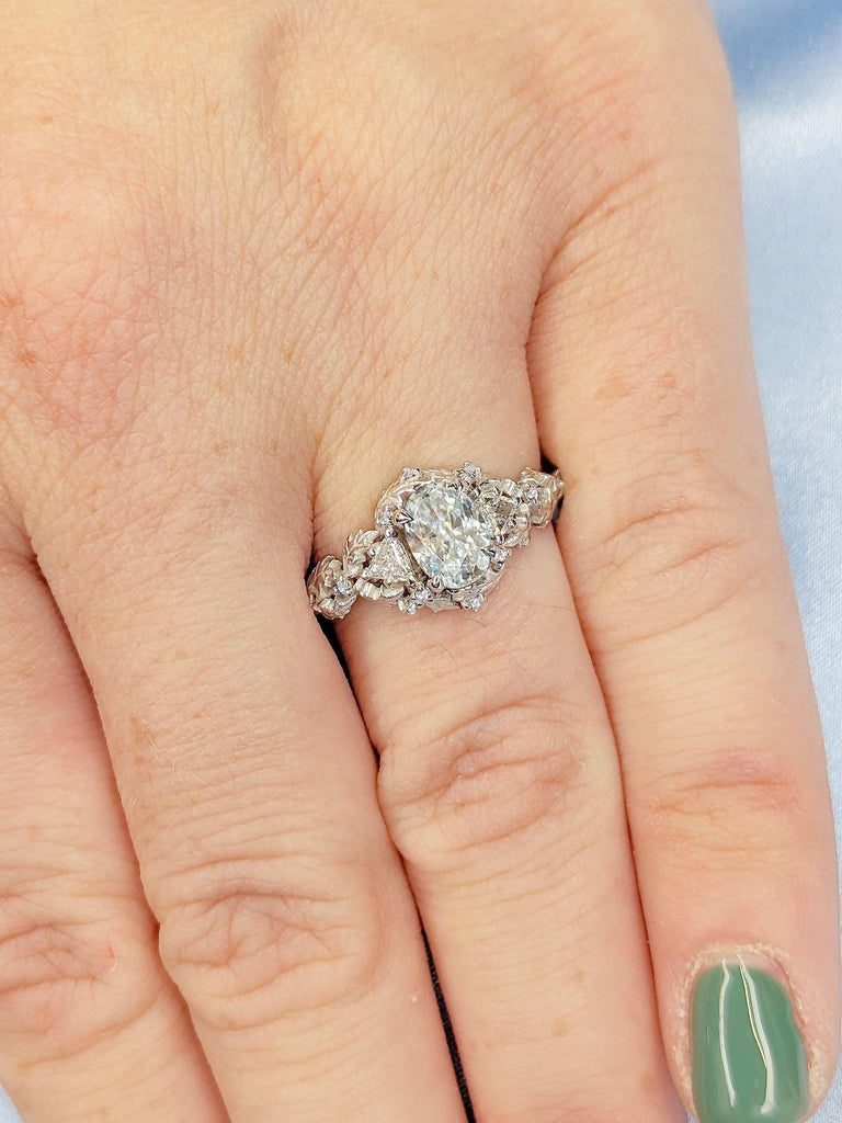 Nature Inspired White Gold Engagement Ring | Moissanite and Diamond Promise Anniversary Ring for Wife | Oval cut Ring | Diamond Cluster Ring