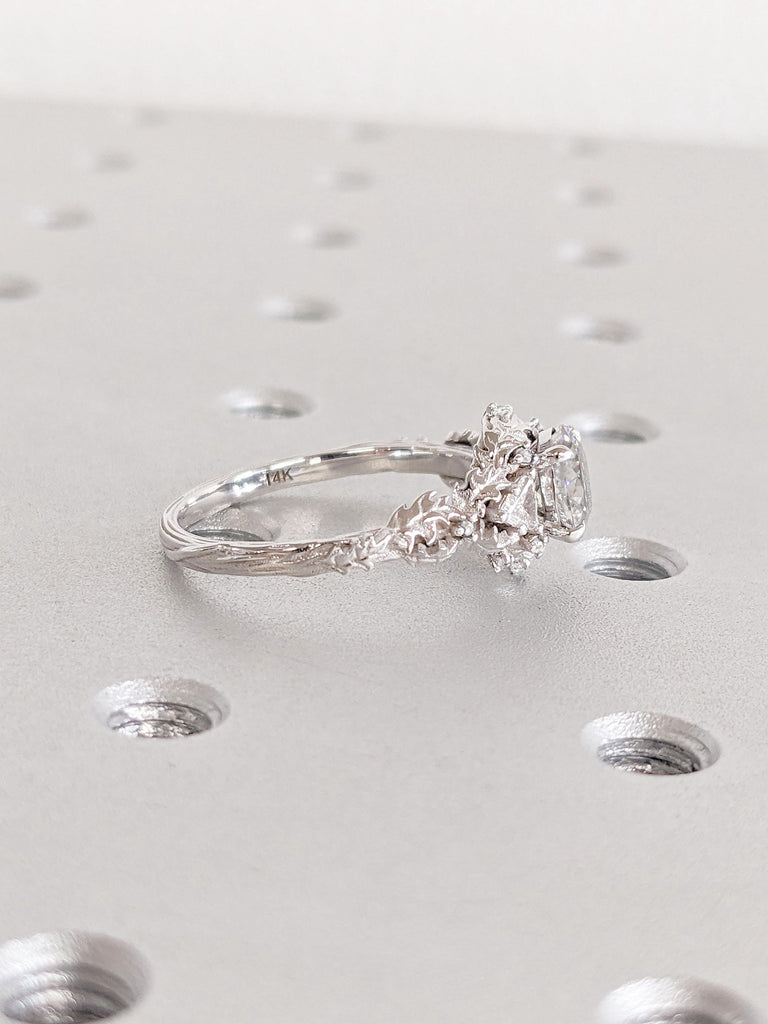 Leaf and Twigs Ring | Rustic Engagement Ring | 14k 18k White Gold Moissanite and Diamond Cluster Ring | Oval cut Moissanite Promise Ring