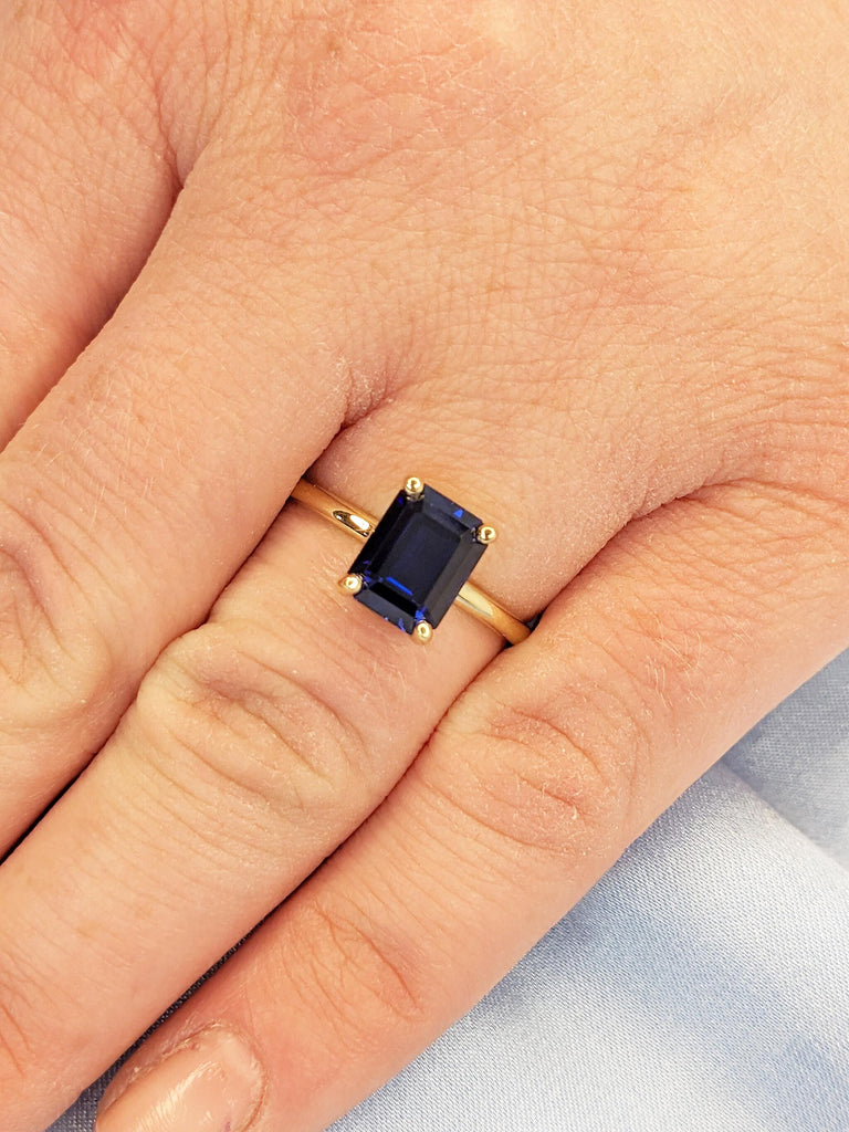 Lab Grown Sapphire Anniversary Ring | 14k Solid Gold Blue Sapphire Rings for Women | Moissanite or Diamond Hidden Halo Ring | Gift for Wife