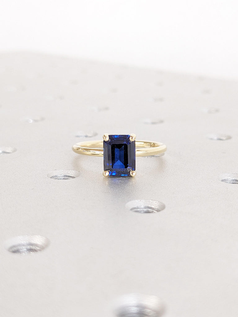 Lab Grown Sapphire Anniversary Ring | 14k Solid Gold Blue Sapphire Rings for Women | Moissanite or Diamond Hidden Halo Ring | Gift for Wife