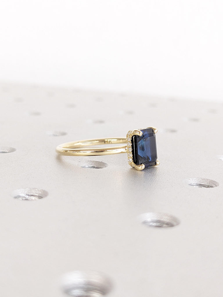 Lab Grown Sapphire Anniversary Ring | 14k Solid Gold Blue Sapphire Rings for Women | Moissanite or Diamond Hidden Halo Ring | Gift for Wife