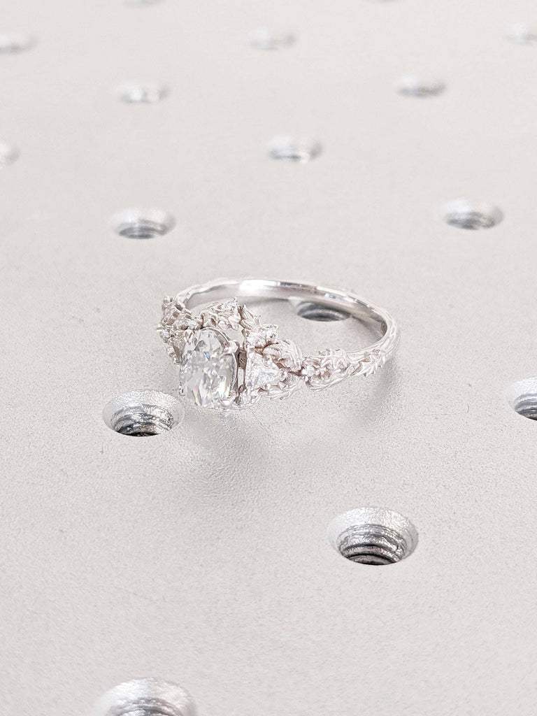 Leaf and Twigs Ring | Rustic Engagement Ring | 14k 18k White Gold Moissanite and Diamond Cluster Ring | Oval cut Moissanite Promise Ring
