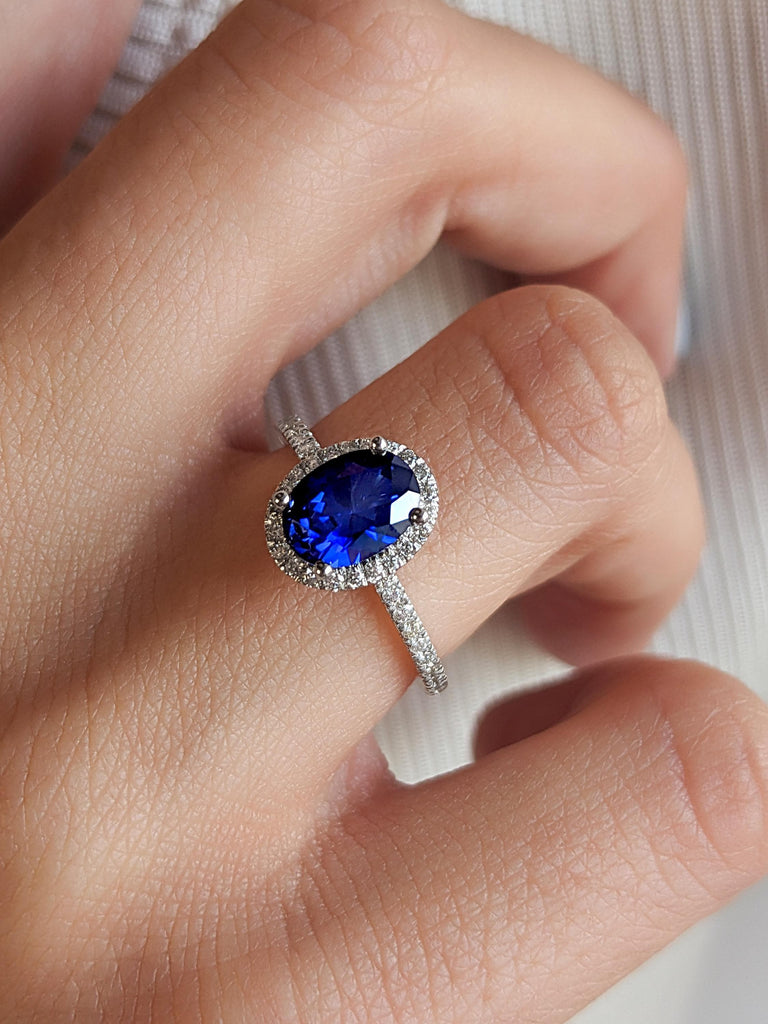 Vintage Oval Halo Rings | Lab Created Sapphire Engagement Rings for Women | White Gold Blue Sapphire Ring | Sapphire and Diamond Ring