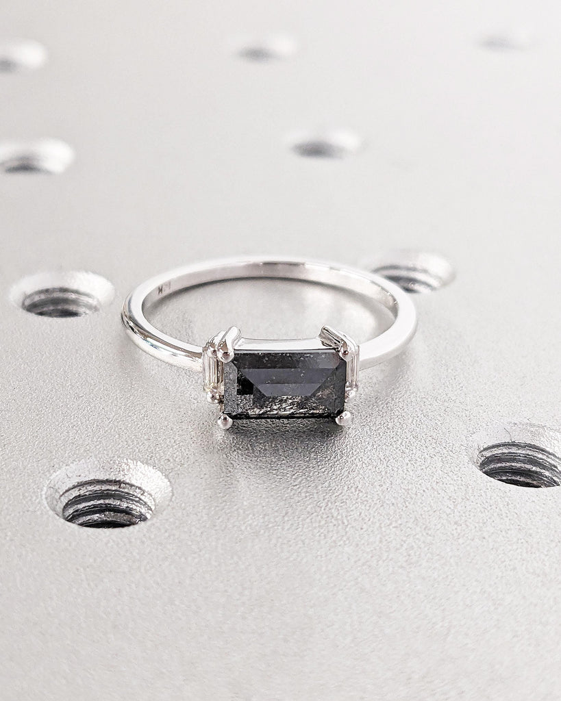 Salt and Pepper Diamond Ring, Vintage Emerald Baguette Ring, Raw Diamond Ring, 14k Gold Engagement Art Deco 1920's Inspired Thin Petite Band