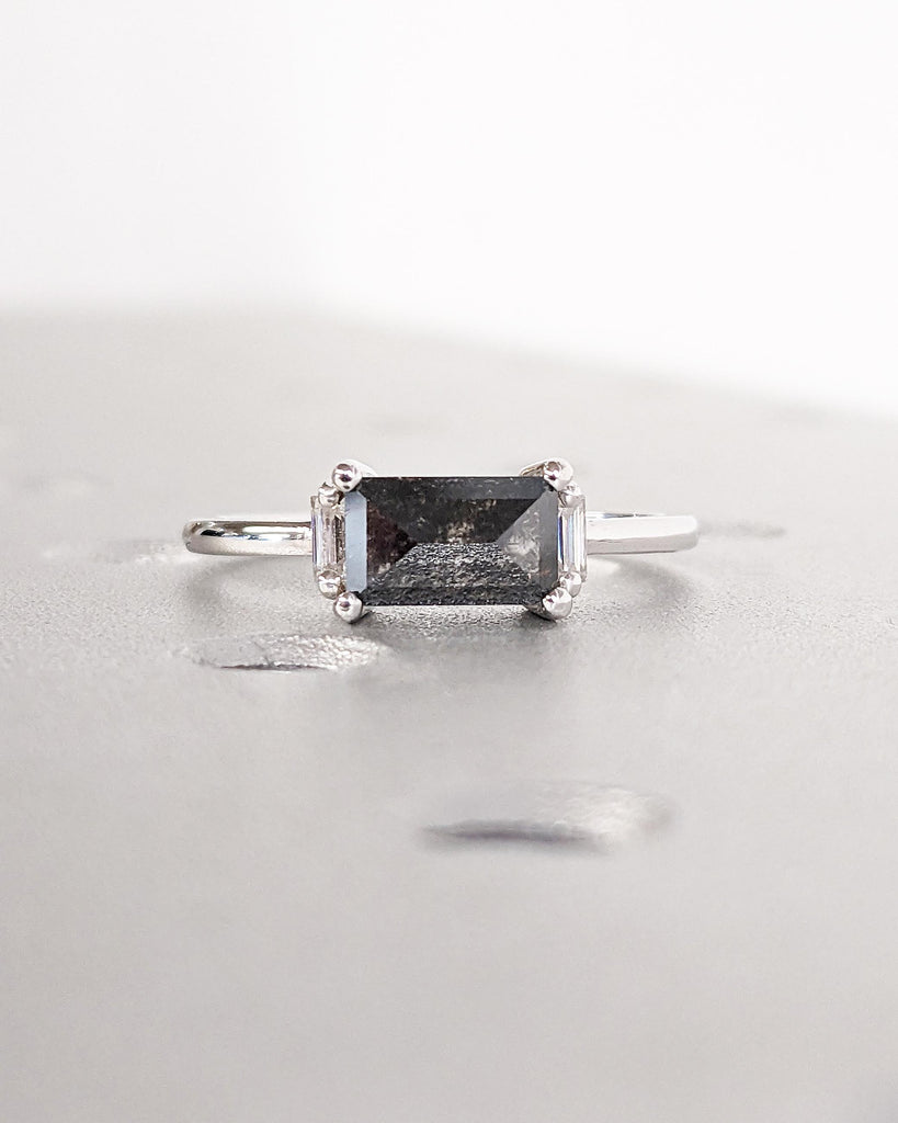Salt and Pepper Diamond Ring, Vintage Emerald Baguette Ring, Raw Diamond Ring, 14k Gold Engagement Art Deco 1920's Inspired Thin Petite Band