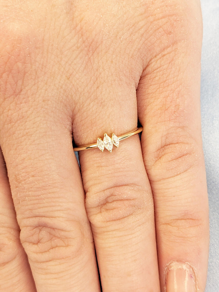 Marquise Cut Three Stone Diamond Ring | Dainty 14k Yellow Gold Wedding Rings for Women | Moissanite Three Stone Ring | Promise Ring for Her
