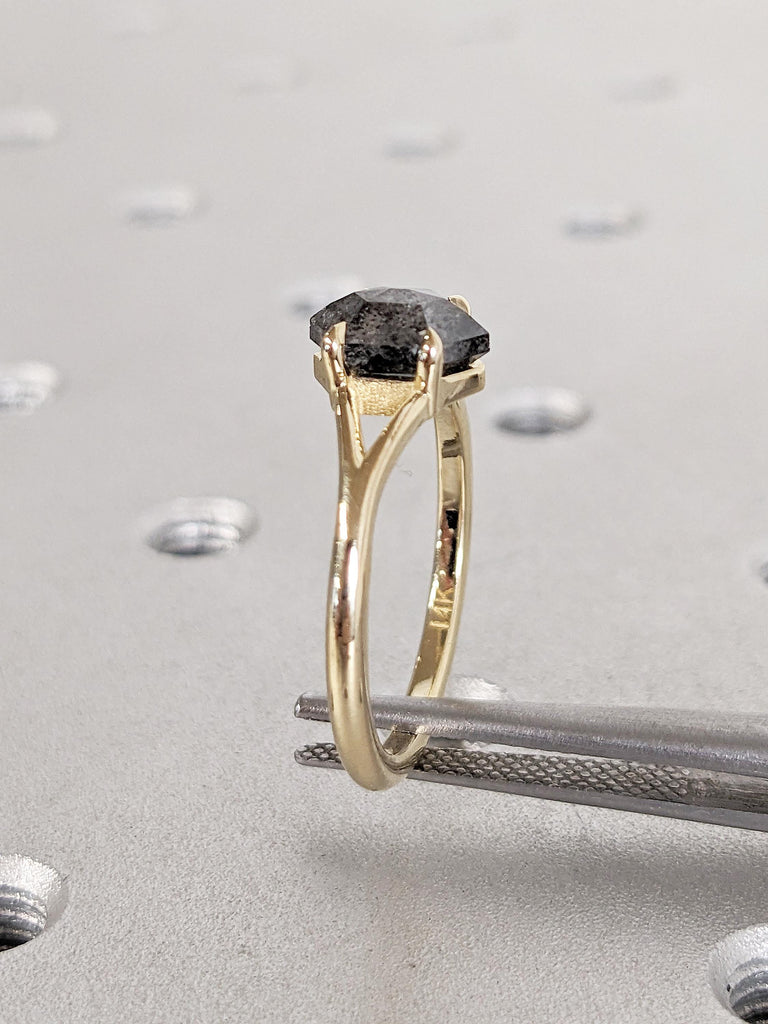 Salt and Pepper Diamond Ring | 14k Solid Gold Wedding Band | Solitaire Anniversary Ring | Hexagon Cut Diamond Ring | Birthday Gift for Wife