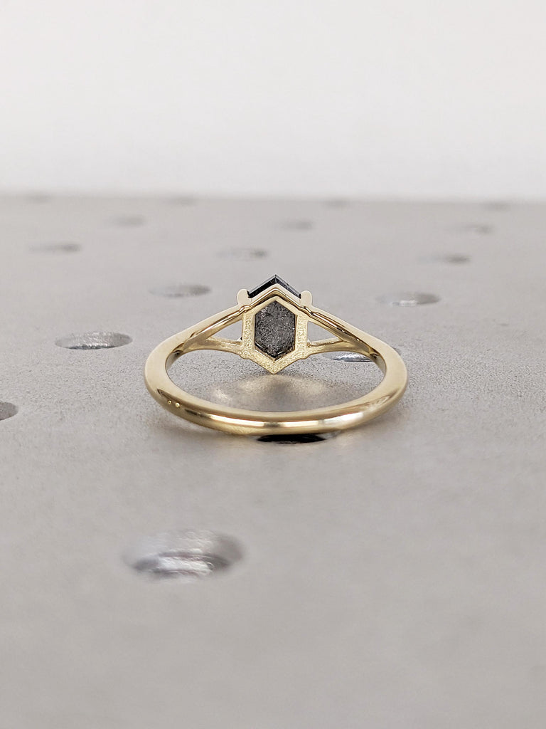 Salt and Pepper Diamond Ring | 14k Solid Gold Wedding Band | Solitaire Anniversary Ring | Hexagon Cut Diamond Ring | Birthday Gift for Wife
