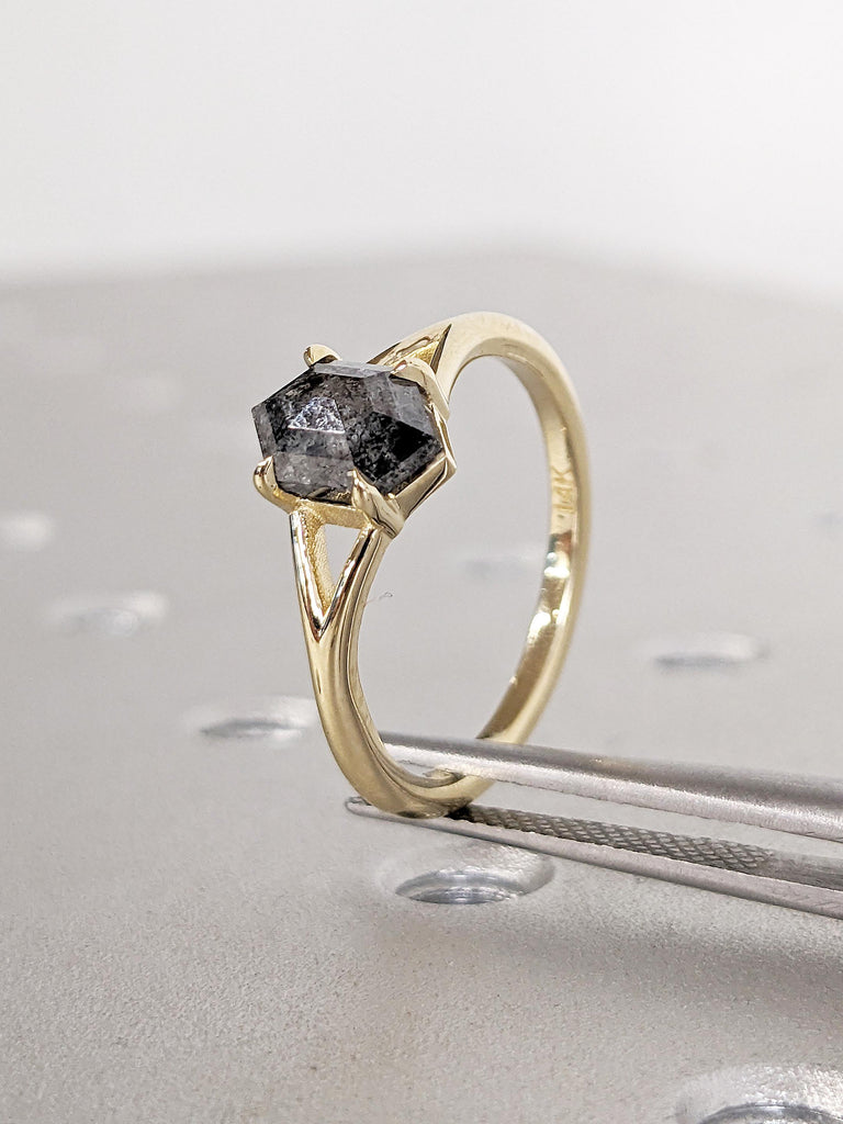 Salt and Pepper Diamond Ring | 14k Solid Gold Wedding Band | Solitaire Anniversary Ring | Hexagon Cut Diamond Ring | Birthday Gift for Wife